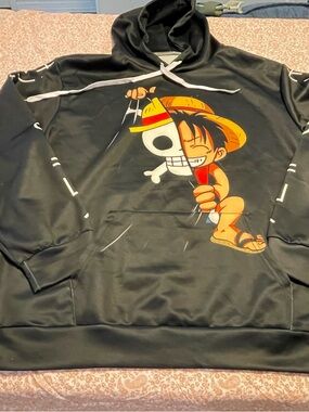Source Unknown Black Hoodie with Yellow & Red Anime Character Graphic